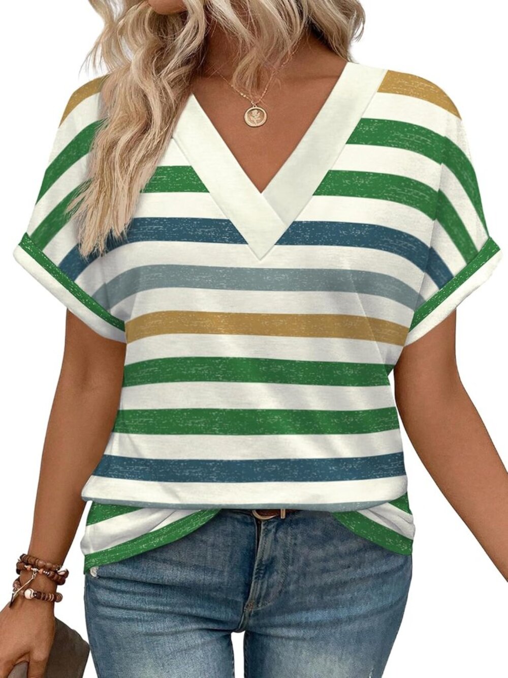 Women's Striped Green Short Dolmen Sleeve V Neck Outfits Clothes Tops T Shirts